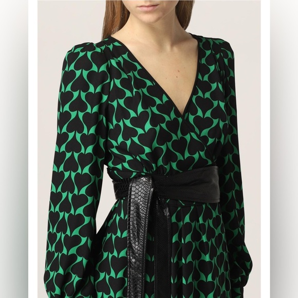 Diane Von Furstenberg Long Sleeve Faux Wrap Midi Dress Green Black Sz 16 no belt - Picture 13 of 14